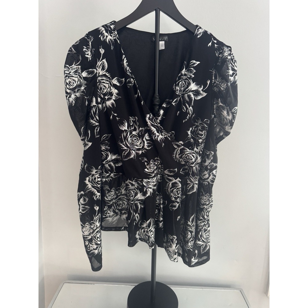 VENUS Black White Rose Glitter Floral Sheer Peplum Blouse Whimsy Goth Size L